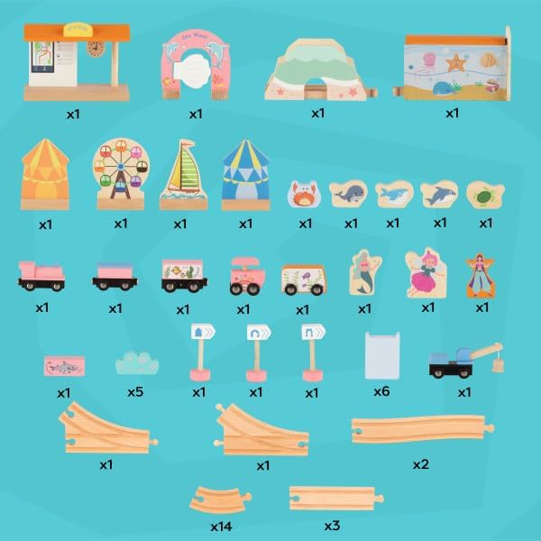 Wooden Train Set with Train Table - 63PC Play Set with Tracks, Vehicles, Buildings and Illustrated Ocean Train Table with Storage by Hey Play (Yellow)