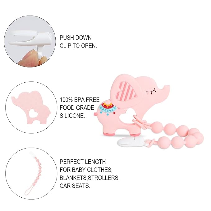 Baby Teething Toys,Food Grade Silicone Teether with One-Piece Pacifier Clip Holder,Shower Gift,Highly Effective Pain Relief for 3 Months+ Boy and Girl,BPA Free,Freezer Safe. (Pink Elephant)