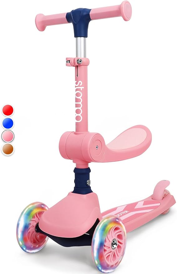 Stompa Kids Scooter 2-in-1 Light Up 3 Wheel Scooters with 4 Levels Adjustable Handlebar, Foldable Seat, Widen Non-Slip Deck for Girls & Boys Max 110 Lbs