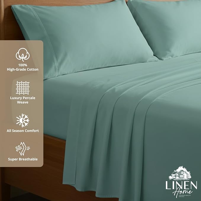 Linen Home 100% Cotton Percale Sheets Twin XL Size, Aqua Blue, Deep Pocket, 3 Pieces Set- 1 Flat, 1 Fitted and 1 Pillowcase, Crisp Cool and Long Staple Strong Bed Linen