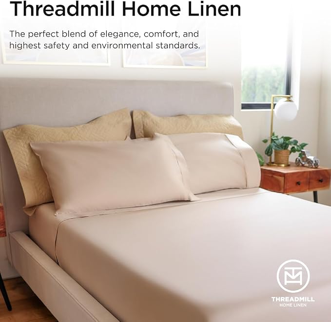 Threadmill 100% Cotton Sheets for Full Size Bed - 600 Thread Count Full Bed Sheets Set with 16” Deep Pocket - Sateen Weave 4-Piece Bedding Set with Cooling Effect, Beige