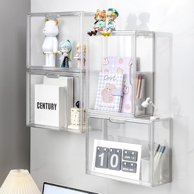 BOHOIDEE 3 Tiers Clear Display Case for Figures, Acrylic Storage Organizers Box with Magnetic Door, Wall-Mounted Dustproof Showcase for Collectibles Action Figure(4PACK Wall-Mounted Medium)