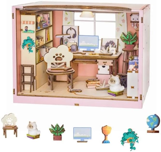 DIY Miniature House Kit-Study Room, 3D Wooden Puzzles with LED Light Tiny House Mini House Building Kit for Adults, Wooden Adults Crafts Birthday for Parents Friends