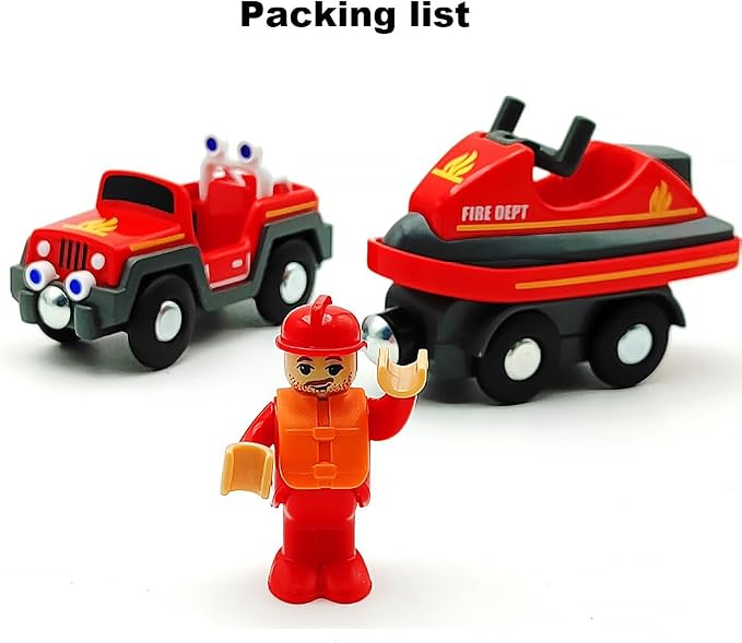 Wooden Train Cars Track Accessories Set Rescue Fire Truck with Light and Sound Small Vehicles Magnetic Train Cars Fit for Wooden Train Track Railway for Boys and Girls (Fireboat)
