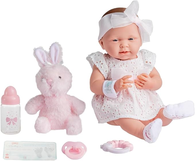 JC Toys La Newborn All-Vinyl-Anatomically Correct Real Girl 15" Doll in White Eyelet Dress with Fluffy Bunny and Accessories Designed by Berenguer