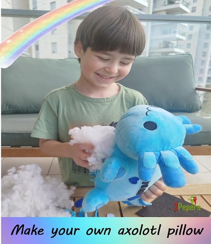 Axolotl Plushie Kit, DIY Animal Toy Crafts For Boys & Girls Toddler, Squishy Plushy Sensory Stuffed Pillow Art Project, Fun Birthday Present Gift For Kids 3 4 5 6 7 8 Year Old, Blue Axolotl Toy Set