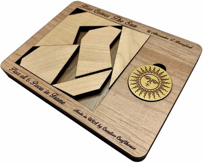 Creative Crafthouse Here Comes The Sun Very Hard 6 Piece Packing Puzzle | Named for the 499 seconds light takes to reach Earth. An Alex Beresford wood design and gift for serious solvers, made in USA