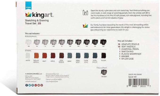 KINGART DRAWING & SKETCHING 25 pc. TRAVEL SET, Graphite, and Charcoal Pencils & Pastels plus Supplies, Art Drawing Kit for Adults, Teens, Beginner to Pro, Ideal for Shading, Blending, 25 pc.