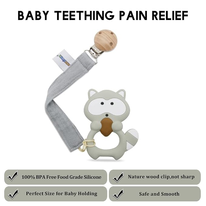 Baby Food Grade Silicone Teether Toy with Pacifier Clip Holder,Teething Pain Relief Toys Gift Set for 3 Months+ Boys and Girls,Freezer Safe,BPA Free (Raccoon)