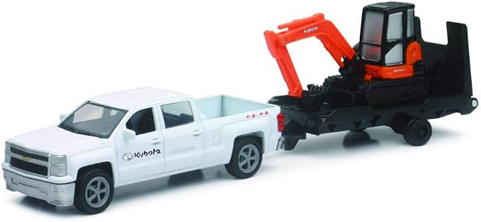 NewRay New Ray New 10" KUBOTA Collection - Kubota KX040 Excavator with White Chevy Pickup & Trailer (Orange, Black) Model Toys