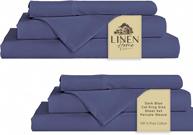 Linen Home 2-Pack King Sheet Set, 100% Cotton Percale Bedding, 8-Piece Value Bundle, Deep Pocket Cooling Bed Sheets for Hot Sleepers, Breathable & Crisp Hotel Quality, Long-Staple Cotton, Dark Blue