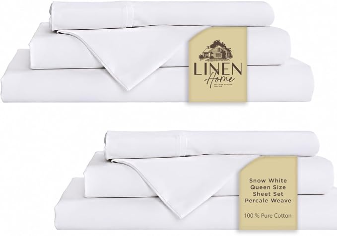 Linen Home 2-Pack Queen Sheet Set, 100% Cotton Percale Bedding, 8-Piece Value Bundle, Deep Pocket Cooling Bed Sheets for Hot Sleepers, Breathable & Crisp Hotel Quality, Long-Staple Cotton, Snow White