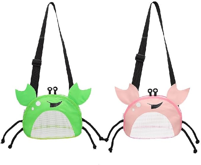 Kids Mesh Beach Bag, Cute Crab-Shaped Seashell Collecting Bag with Adjustable Strap for Holding Shell Beach Toy