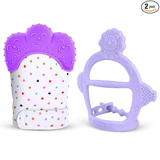 Vicloon Silicone Teething Mitt, 2Pcs Baby Teething Mitten with Adjustable Strap, Crinkle Sound and Textured, Self Soothing Baby Chew Toys for 0-6 Month Infants