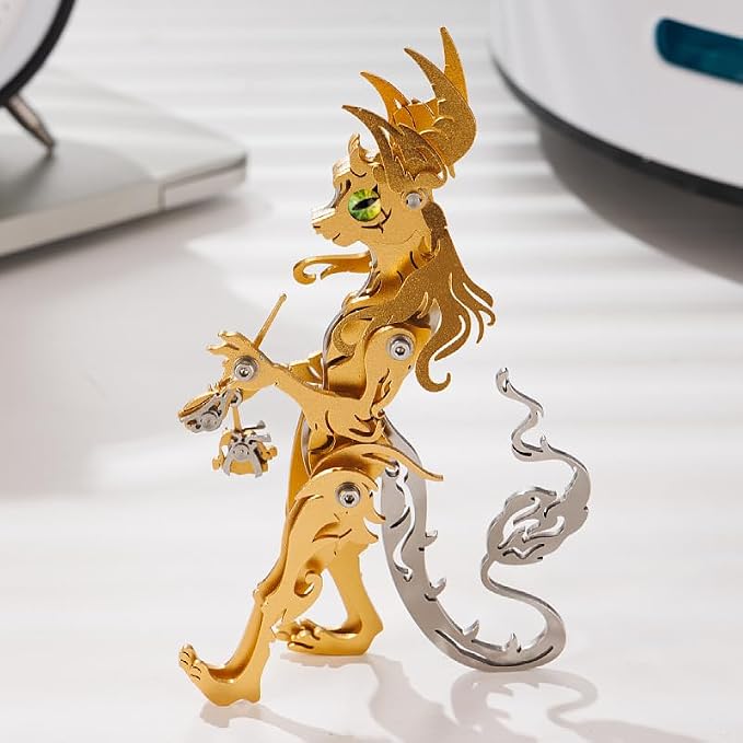 3D Metal Puzzles Toys The Meow Meow Family King and Princess Cat DIY Handmade Assembled Model Kits Ornaments Christmas New Year and Birthday Gifts for Adult (Pipe Elder Cat Golden)