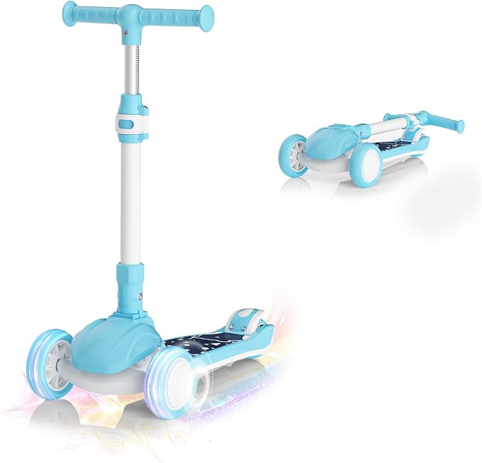 SIMATE 3 Wheel Kick Scooter for Kids Ages 3-12, Light Up Wheels & 3 Adjustable Height Handlebars, Lean-to-Steer & Widen Anti-Slip Deck, Boys & Girls Gift