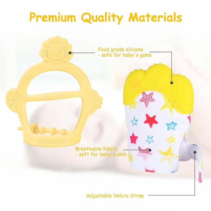 Vicloon Silicone Teething Mitt, 2Pcs Baby Teething Mitten with Adjustable Strap, Crinkle Sound and Textured, Self Soothing Baby Chew Toys for 0-6 Month Infants