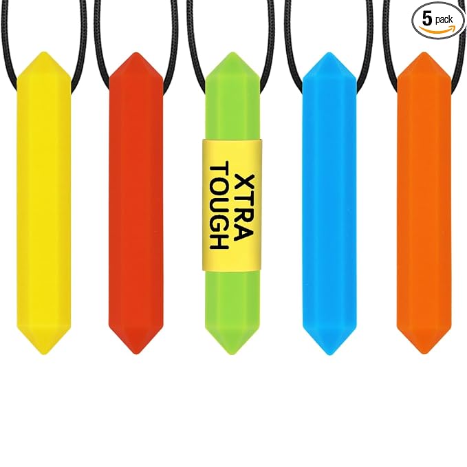 Xtra Tough (XT) Sensory Chew Necklace for Kids, Boys or Girls (5 Pack) - Chewing Necklace Teething Necklace Teether Necklace Chew Toys - Teething Toys Designed for Autism ADHD (5 Colors)
