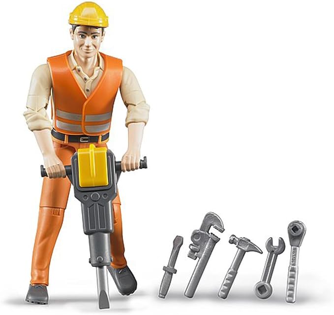 Bruder Construction Worker with Accessories | 1:16 scale Construction Worker, made in Germany by Bruder, ages 4+