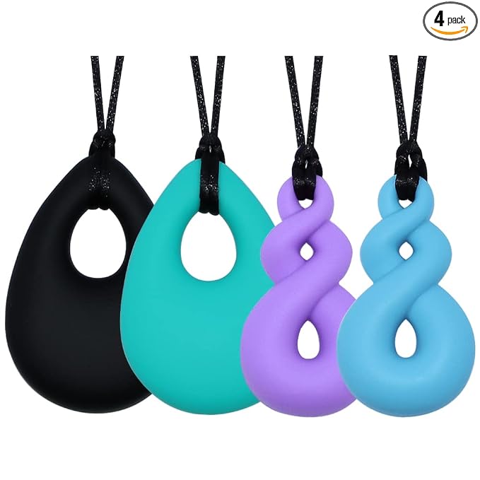 Chew Necklace for Boys and Girls, Silicone Chewy Necklace Sensory Toys for Kids Teardrop Twist Pendants, Chewing Toys for Autism or Oral Motor Special Needs BPA Free - 4 PCS Set