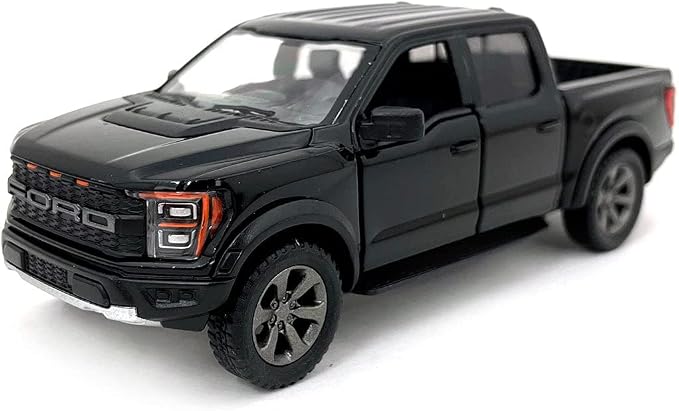 KiNSMART SetOf4 2022 Ford F-150 Raptor 5" 1:46 Scale Die Cast Model Toy Truck Black, White, Red, Blue
