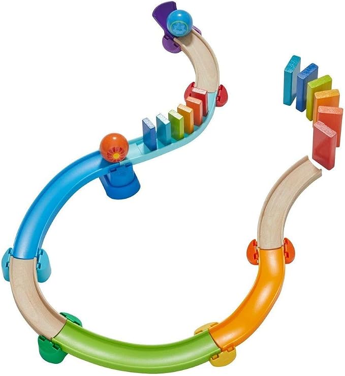 HABA Kullerbu Kringel Domino Playset - 33 Piece Ball Track Starter Set with Two Sets of Falling Dominoes - Ages 2+