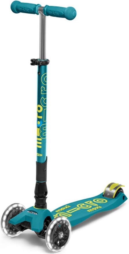 Micro Kickboard | Maxi Foldable LED Kids Scooter for Ages 5-12 | Children up to 110 lbs | 3 Wheel Lean-to-Steer Design | Adjustable T Bar | Smooth Ride, Motion Activated PU LED Wheels | Swiss Design