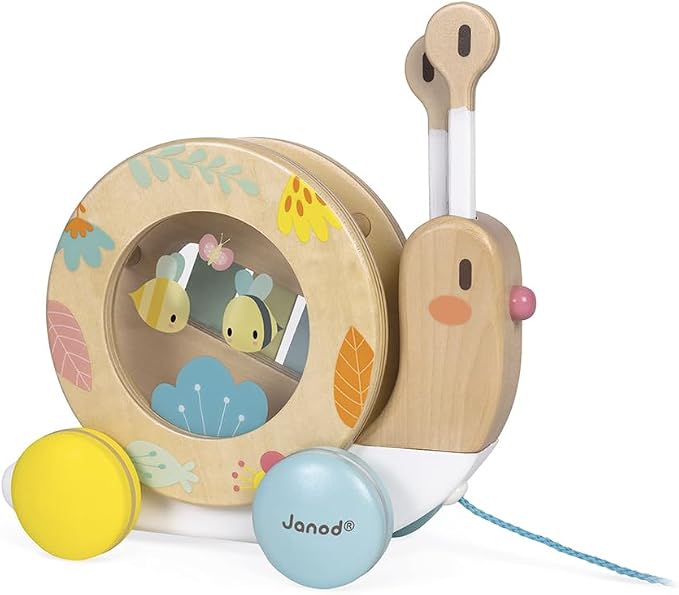 Janod Pure Pull Along Snail - Wooden 2-in1 Musical Toy - Ages 1+ - J05159