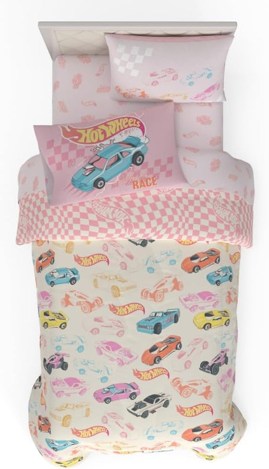 Hot Wheels Girls Kids Bedding Super Soft Comforter and Sheet Set with Sham, 5 Piece Twin Size, (Officially Licensed Product) By Franco