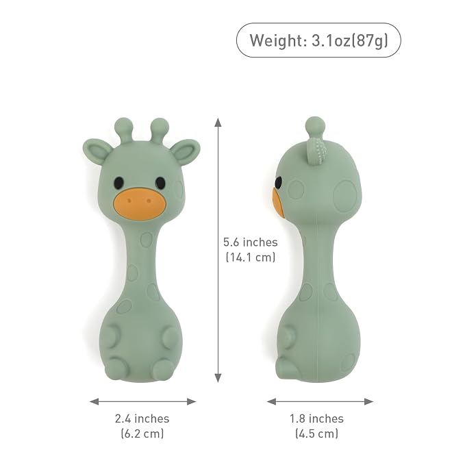 Silicone Little Giraffe Shaker Rattle Toy for Babies | Food Grade Silicone Teether | Easy to Grip | BPA Free (Olive Green)
