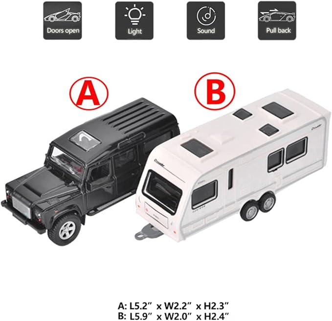 Toy Camper SUV Trailer Towing RV Motorhome Toys for Boys Diecast Truck Model Car Metal Pull Back Toy Cars Vehicle, Doors Open Light Sound, Outdoor Land Adventure Play Set, Kids Gifts