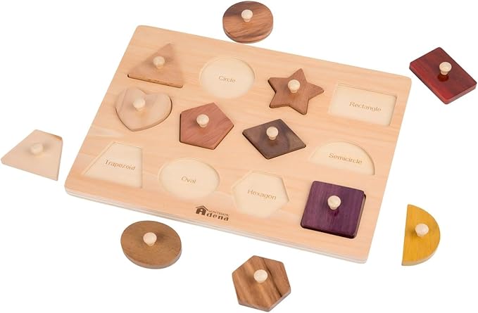 Montessori Toys for Toddlers 18M+, Wooden Shape Peg Puzzles for Kids 2 3 Years Old, Baby Puzzle Board with Knob & Classic Color, Preschool Educational Learning Toy‒Shape Sorter (12 Geometric Shapes)