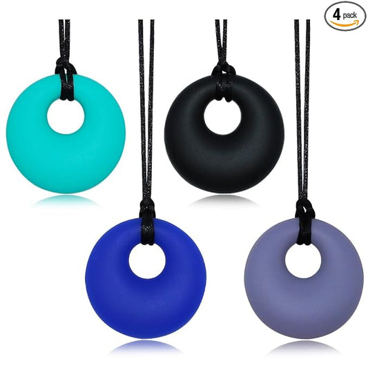 Chew Necklaces for Sensory Kids, Silicone Chewy Necklace Sensory 4 Pack for Boys Girls with Autism ADHD Anxiety Reduce Fidgeting, Oral Chew Toys for Kids and Adults Chewing, BPA Free