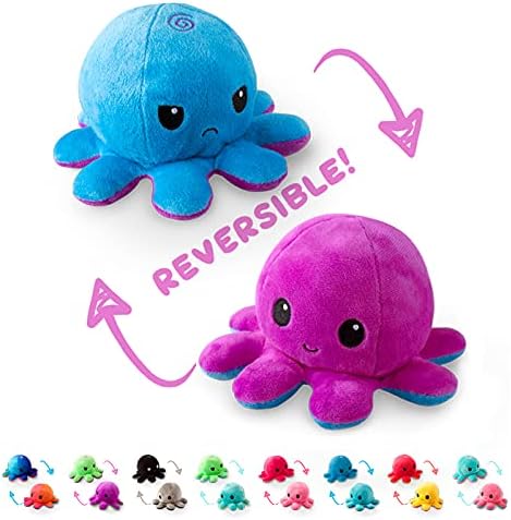 TeeTurtle Reversible Octopus Plushie 4-Inch Black + Rainbow Two-Sided Flip Plush Toy with Embroidered Details - Cute Mini Collectible Plush for Kids, Teens, and Adults