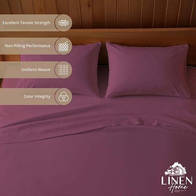 Linen Home 100% Cotton Percale Sheets Twin XL Size, Damson Berry, Deep Pocket, 3 Pieces Set- 1 Flat, 1 Fitted and 1 Pillowcase, Crisp Cool and Long Staple Strong Bed Linen