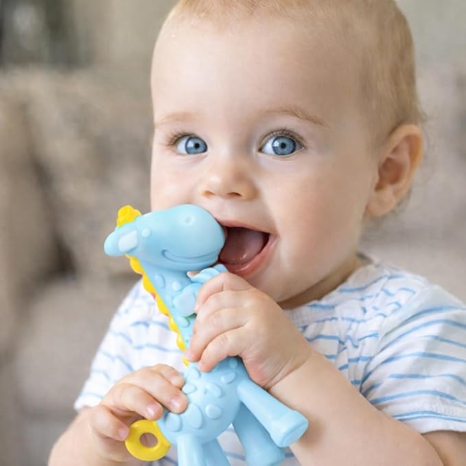 SHARE&CARE BPA Free Silicone Giraffe Baby Teether Toy with Storage Case, for 3 Months Above Infant Sore Gums Pain Relief and Baby Shower, Baby Teething Toys (Blue)