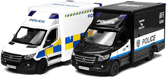 KiNSMART - Mercedes-Benz Sprinter Cargo Van 1:48 O Scale 5" Die Cast Metal Model Toy Van, Pull-Back Action (Police Trucks 2 Set)