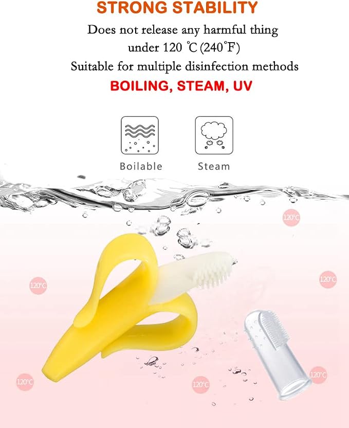 Finger Baby Toothbrush and Banana Teether, Soothing Pain Relief Silicone Baby Teething Toy for Babies, Toddlers, Infants, BPA Free, Soothes Babies Sore Gums(1 Teether 2 Finger Toothbrushes)