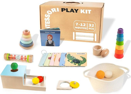 WOODMAM Montessori Toys for Babies 7-12 Months, 9 in 1 Educational Wooden Toys Set, Includes Object Permanent Box, Stacking Cups, Mirror Puzzle, Ring Stacker and More