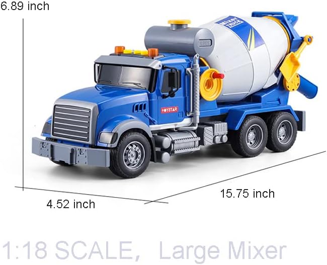 haomsj Big Cement Mixer Toy Truck with Lights Sounds and Working Parts, Friction Powered Push & Go Construction Vehicles for Toddlers Boys and Girls (Big Mixer Car)