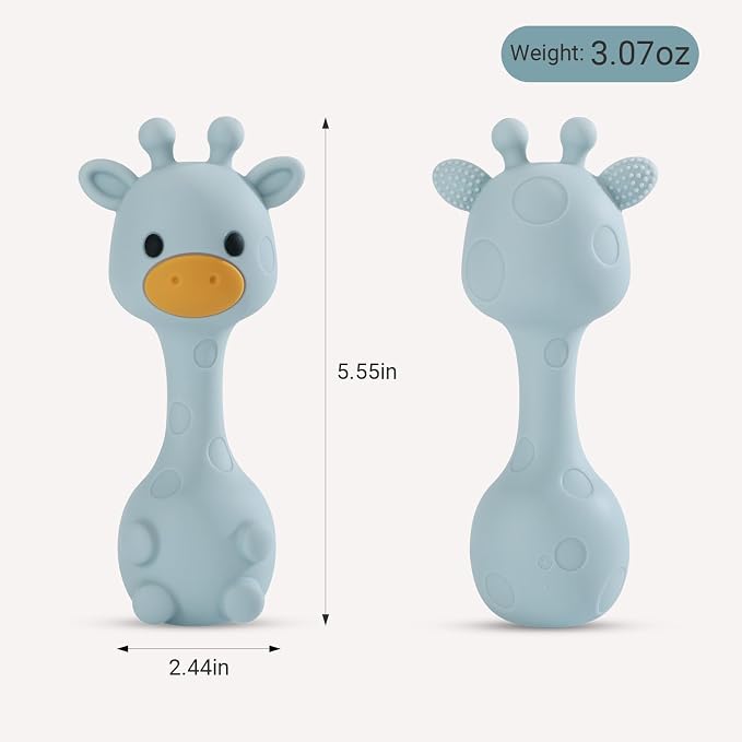 Giraffe Silicone Baby Teether Rattle Toy for 0-6 6-12 Months, BPA-Free Infant Teething Toy with Rattle Sound, Easy-Grip Design for Teething Relief (Dusty Blue)