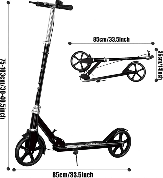 Non-Electric Scooters for Kids 8-12, Teens & Adults - Foldable Commuter Scooter with 8" Wheels, Bell, Hand Brake & Adjustable Height 30"-40.5", 220LB Capacity, Manual Push Scooter for Campus & Park