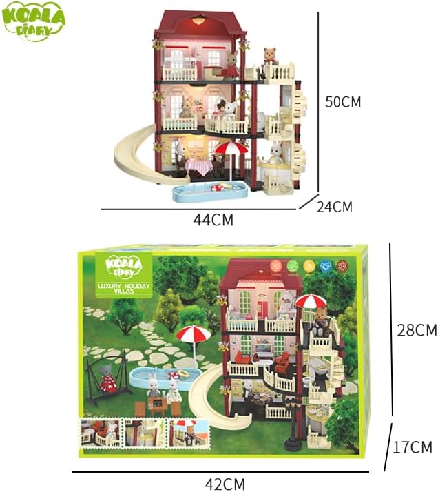 Dollhouse Kit Playset Little Critters Bunny Dolls for Girls with Swimming Pool and Slideside Family Toys for Toddler 5 Year+ Old Girl