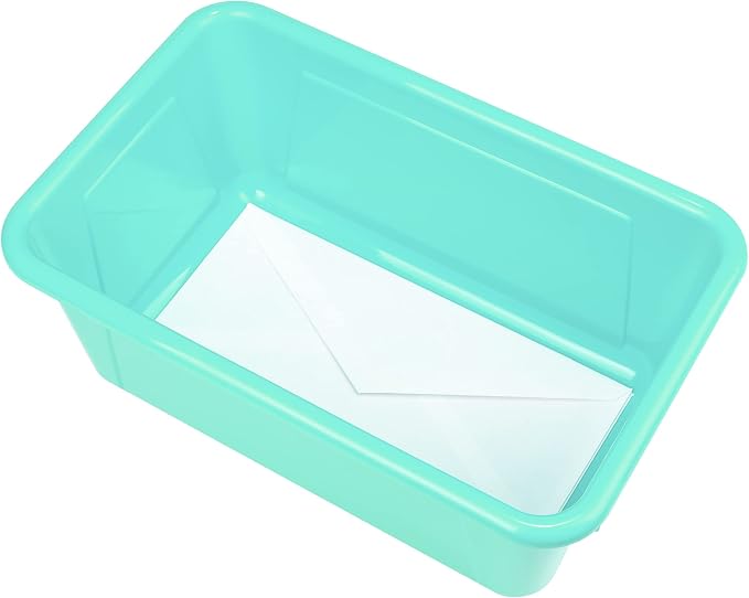 Storex Small Cubby Bins – Plastic Storage Containers for Classroom with Non-Snap Lid, 12.2 x 7.8 x 5.1 inches, Teal, 5-Pack (62412A05C)