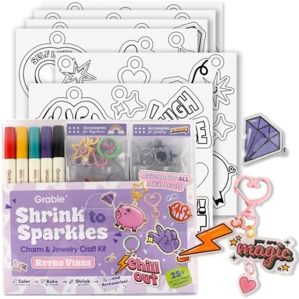 Grabie DIY Shrink Art Craft Kit Jewelry Making Kit for Kids Adults, 25+ Pre-Cut Shapes, 5 Dual-Tip Markers, Custom Charms, Pins, Rings, Keychains (Retro Vibes - Beginner Friendly)