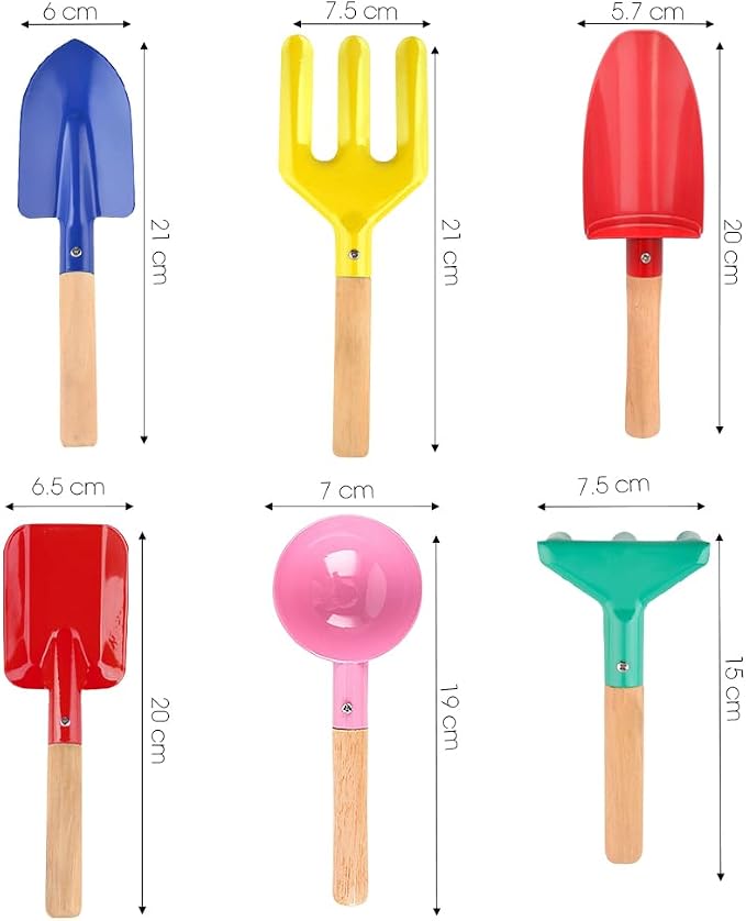 Beach Toys for Kids,Beach Sand Toys, 8'' Metal Sandbox Toys with Sturdy Wooden Handle,Safe Beach Gardening Set,Spoon, Fork, Trowel, Rake & Shovel for Kids，Snow Shovel（6 pcs）