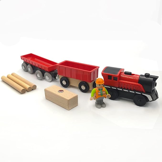 Battery Operated Cargo Train for Wooden Train Track Set Toys for Toddlers 3 4 5 Year Old Boys Kids Magnetic Couplings Construction site Fram Harbor Vehicle (Without Battery)