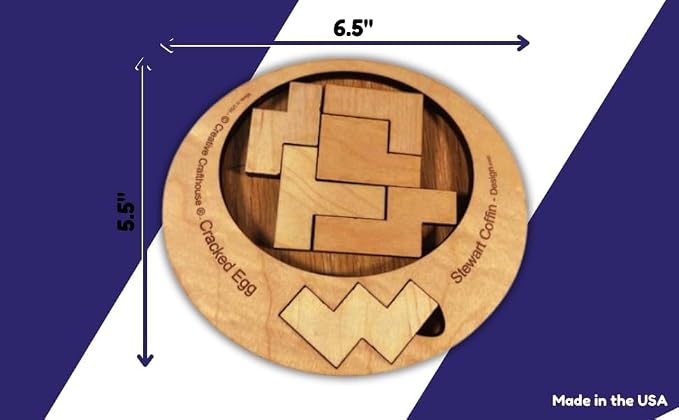 Creative Crafthouse Cracked Egg Wood Brain Teaser Puzzle for Adults | Fit all 6 wood pieces into the egg-shaped opening. A level 8 of 10 Stewart Coffin dissection puzzle, made in the USA.