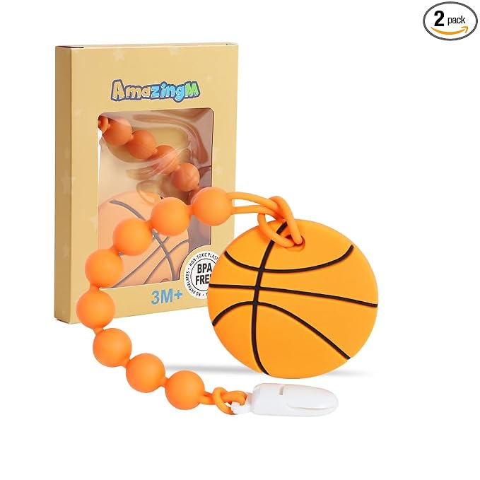 Baby Food Grade Silicone Sport Ball Teether Toy with Pacifier Clip Holder,Teething Toys Gift Set for 3 Months+ Boys and Girls,Freezer Safe,BPA Free. (Basketball)