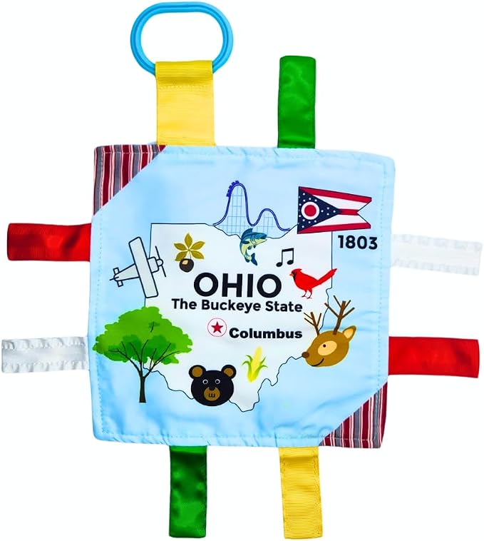 Baby Jack & Co 8x8” Learning Lovey Ohio State Tag Stroller Toy for Babies - Crinkle Toys for Developing Five Senses - Learn About Capitals - Travel with Baby Jack - BPA Free Clip